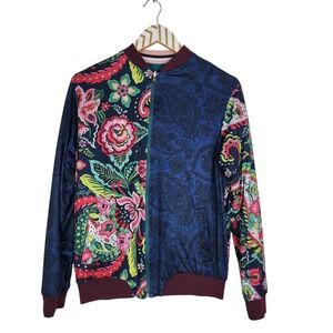 AY GUEY Jacket Unisex Medium Teal Reversible Sugar Skull Floral Bomber Print